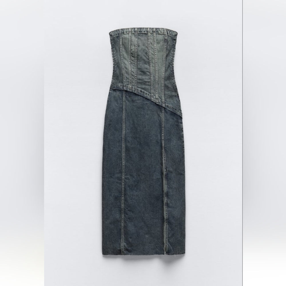Zara Strapless Dark Gray Denim Midi Dress - Picture 6 of 12